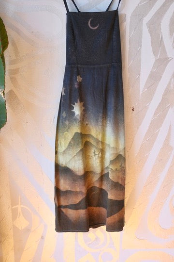 Small -  In the Mountains- Dress - Tie Back & Zipper - 50% Linen  48% Rayon  2% Spndx - Adjustable Straps-Upcycled Regenerazhinh -OOAK