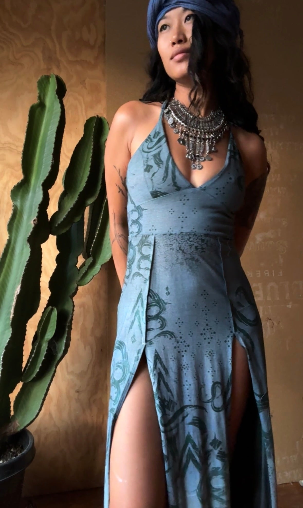 Medium - Midnight Secrets - Limited series -Darkoski X Zhinh Collaboration Empress Warrior Slit Dress- Screen Printed 66% bamboo, 26% cotton, 8% spandex - Recommended for 5.5ft and under -