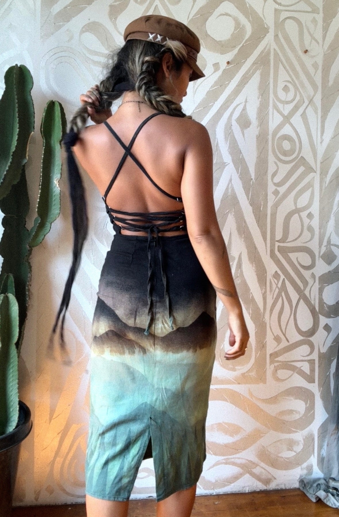 Small - Midnight Glowing Misty Mountains- Dress - Tie Back & Zipper - 50% Linen  48% Rayon  2% Spndx - Adjustable Straps-Upcycled Regenerazhinh -OOAK