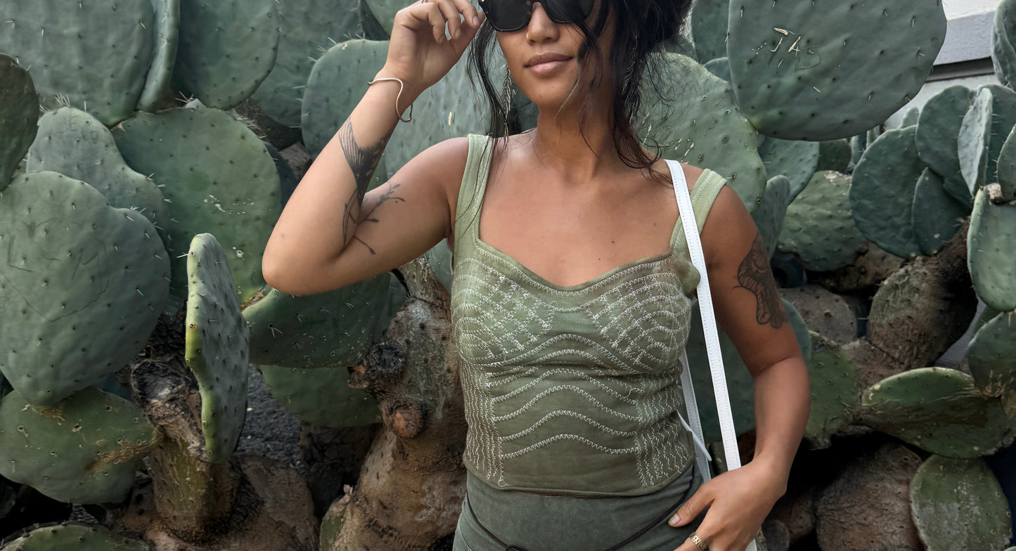 Small/medium -Turquoise Cactus Continuum Corset Top - Full Length- RTS - Sewing Machine Hand guided stitch details