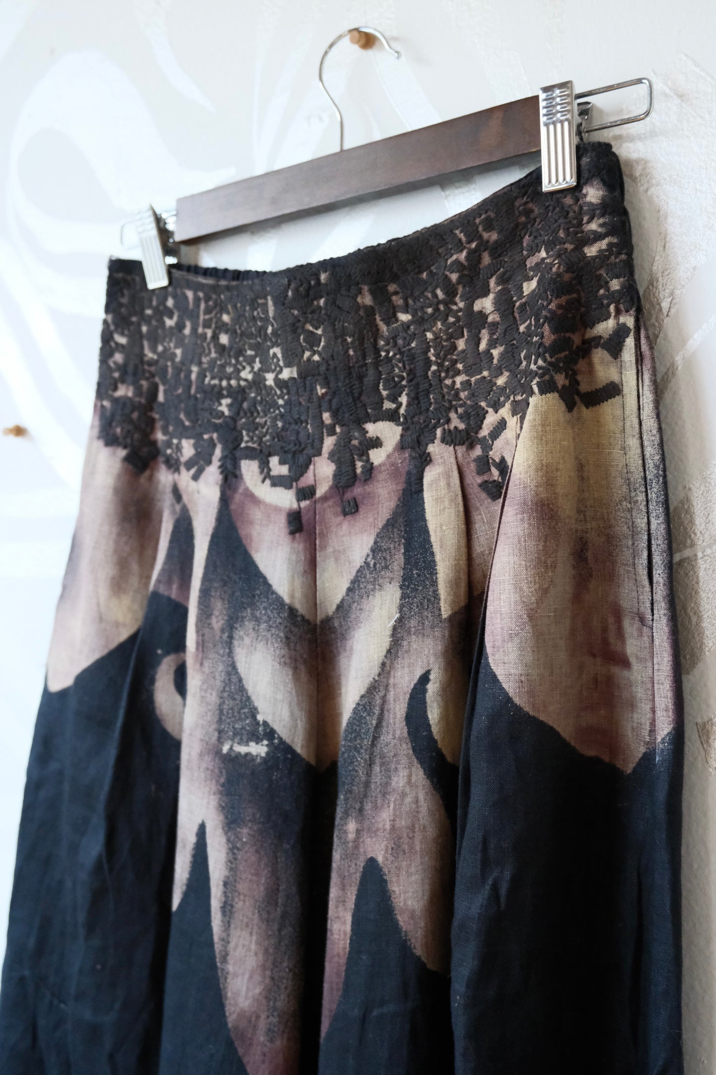 Size 4 - (Fits small -Medium ) The Black Dragon Pants- Wide legged Skirt Like Pants - -Pleated - Pockets -40 Cotton 60 Linen - OOAK - Embroidered Detailed waist - Stretch back waist band
