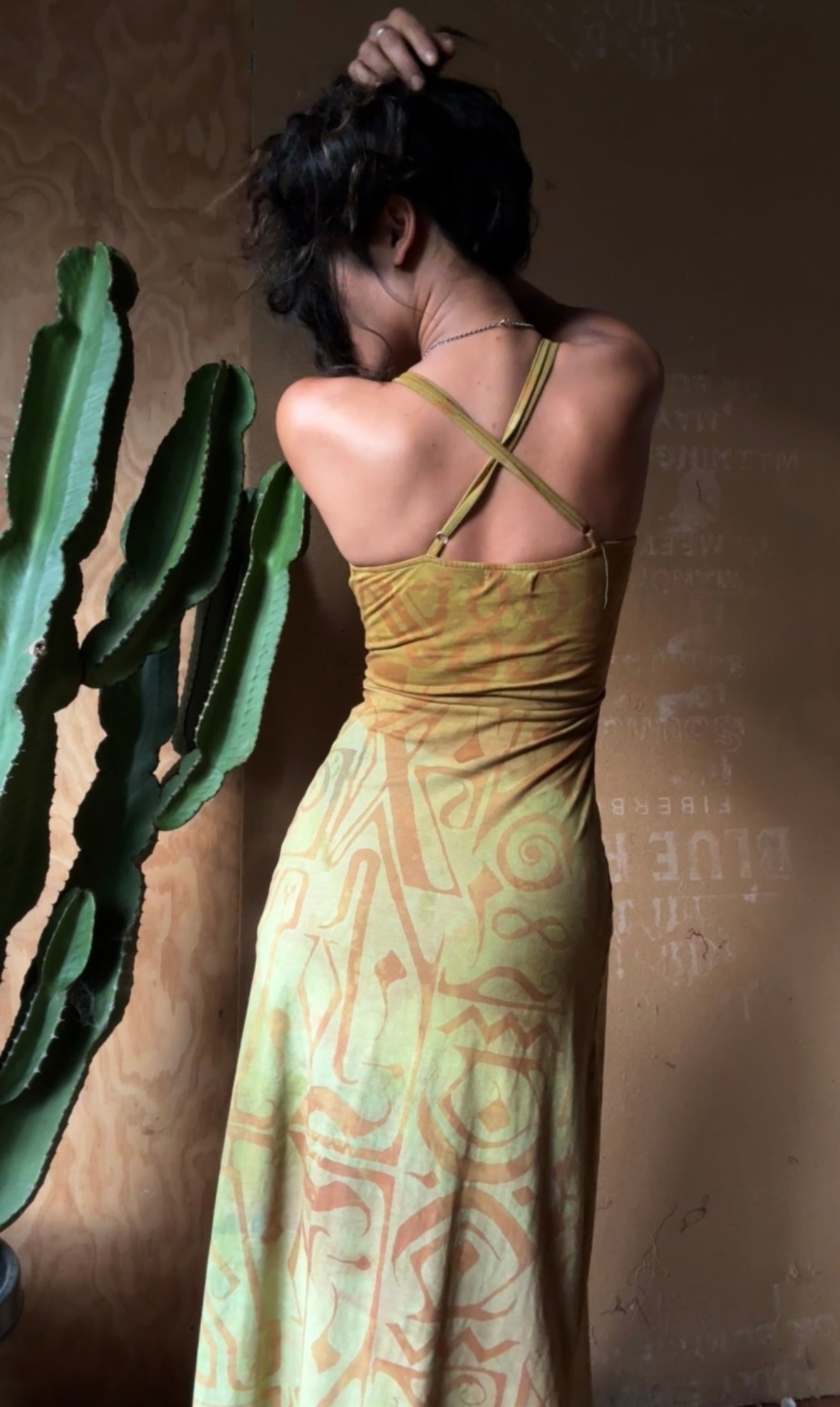 Small - Mustard Lime Glow - Limited series -Darkoski X Zhinh Collaboration Empress Warrior Slit Dress- Screen Printed 66% bamboo, 26% cotton, 8% spandex- Recommended for 5.5ft and under