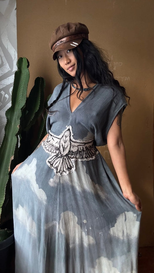 Regular (Fits S/M/L) Tall Maxi Dress (can Hem If requested) Silver Cloudy Sky Henka Dress - Hawk Spirit signs -Tie Back Hand painted Hawk patch -