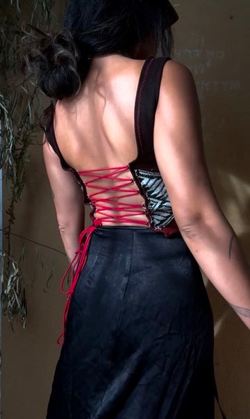RTS -Fits XS and Small- Continuum Integration-Charcoal Embers Corset Top -Ready to Ship- Hand dyed-70's Vintage Vietnamese Hmong hilltribe woven textile patches