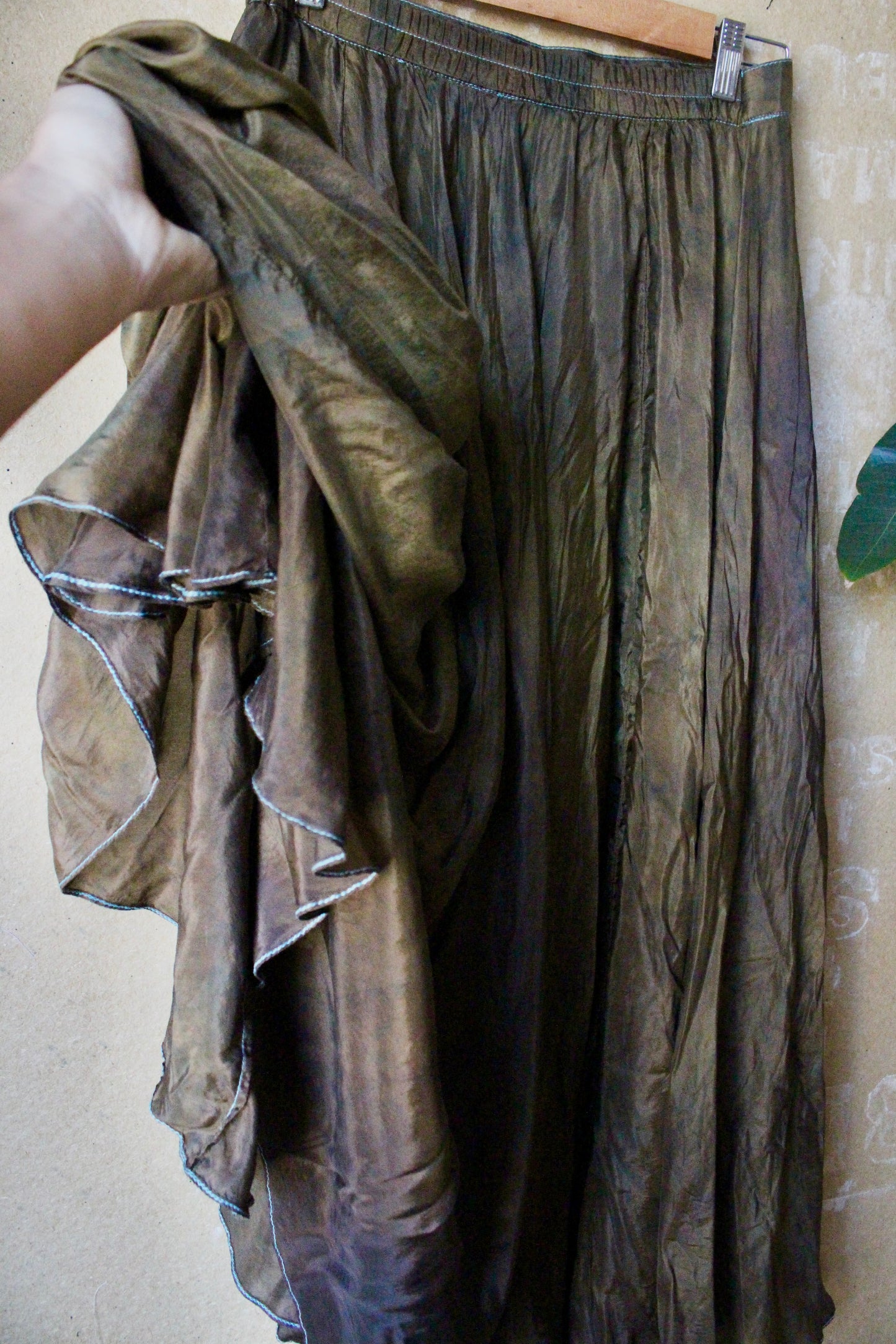 Small - Bronze Beetle Maxi/midi Skirt - Made from 8 meters of 100% Peace Ahisma Silk - Hand dyed- Olive green/bronze/brown -OOAK