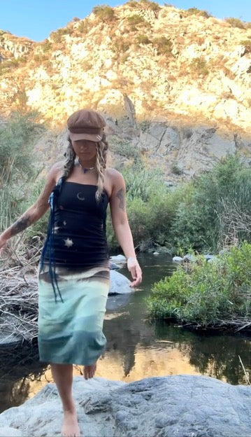 Small - Midnight Glowing Misty Mountains- Dress - Tie Back & Zipper - 50% Linen  48% Rayon  2% Spndx - Adjustable Straps-Upcycled Regenerazhinh -OOAK