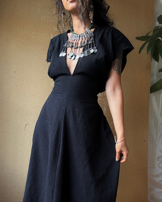 2 New in stock- That Black Henka Dress - Medium Weight 100% Cotton -Hearty- Fits XS/S/M - Dead stock Fabric- Regenerative Fashion - Tie Back Rope