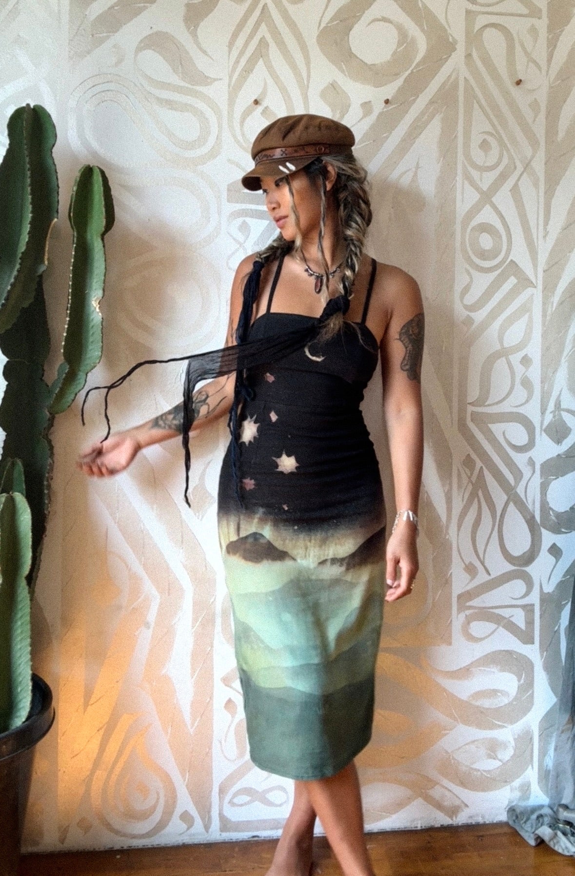 Small - Midnight Glowing Misty Mountains- Dress - Tie Back & Zipper - 50% Linen  48% Rayon  2% Spndx - Adjustable Straps-Upcycled Regenerazhinh -OOAK