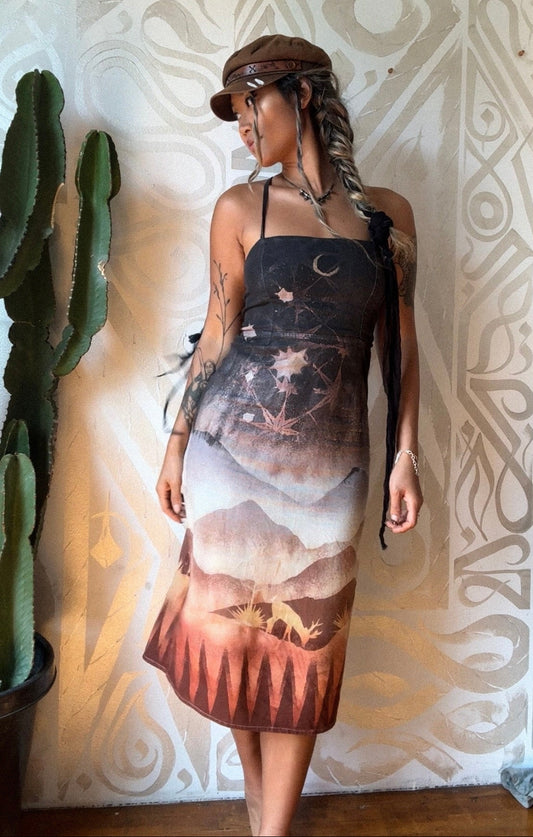 S/M -  Tesselation Overcast Sky - Dress - Tie Back & Zipper - 50% Linen  48% Rayon  2% Spndx - Adjustable Straps-Upcycled Regenerazhinh -OOAK - Recommended for Heights 5.8 ft and under