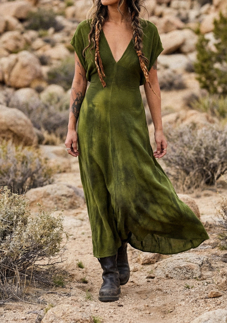 1 MTO Slot- The Moss Henka Dress- Maxi or Midi option -Made to Order (4weeks) Limited Series- Olive Green Henka Dress - 100% Novelty Cotton - Deadstock Fluid and very soft&textured - limited series- hand dyed in studio