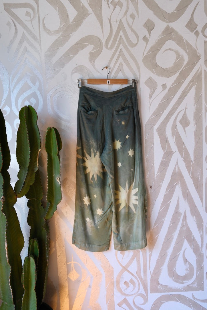 XS/S-  Jade Mountain Star Burst - Short length- HIGHWAISTED  ! Origami pants - made from Lotus Agricultural waste vegan "silk"