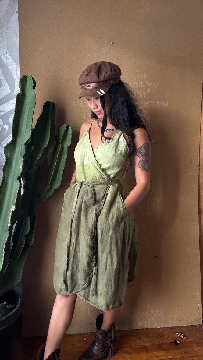 Medium - Green Ombre Soothe - Wrap Dress 100% Linen - Upcycled - Regenerazhinh