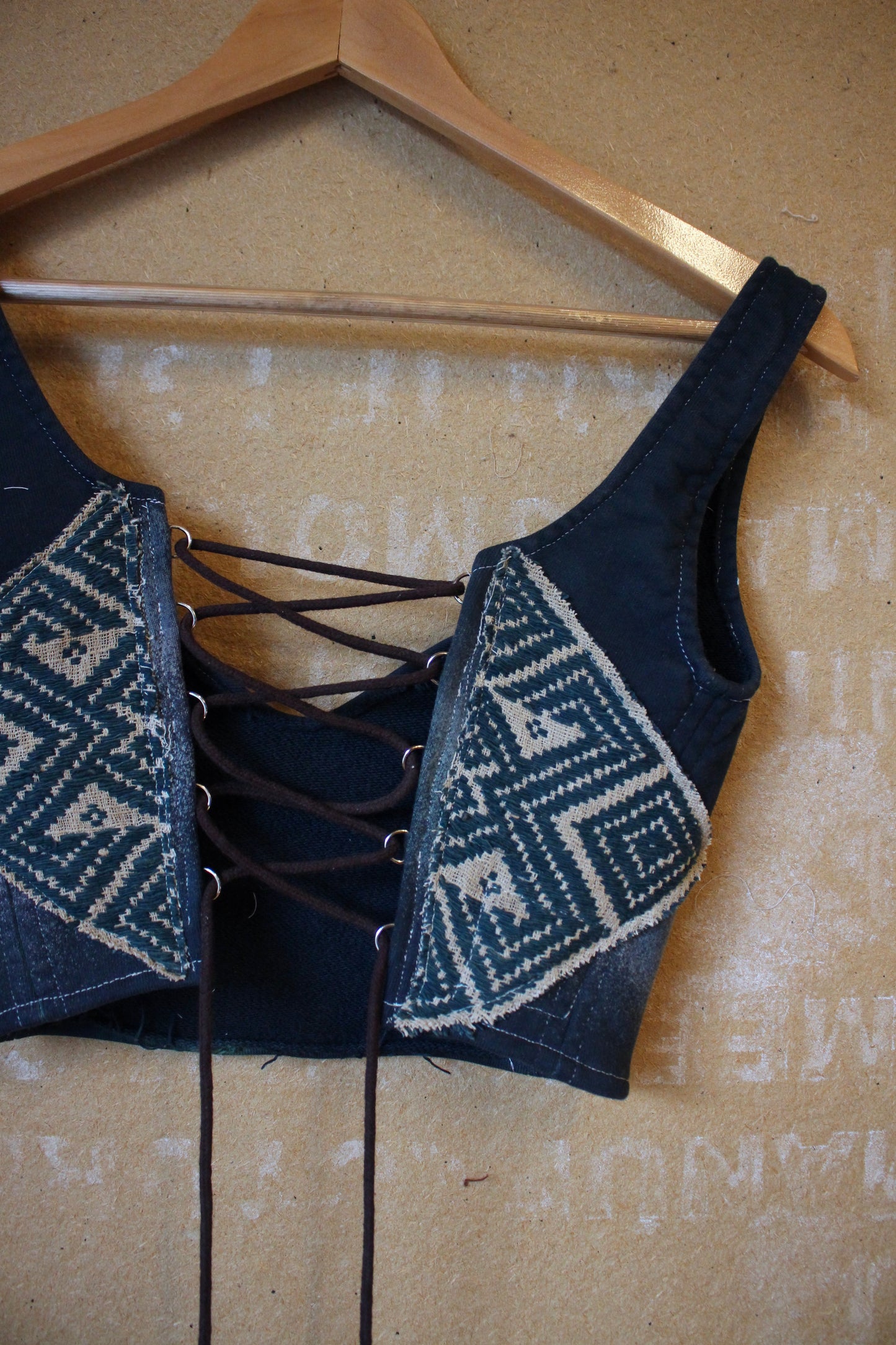 Small Cropped Midnight Corset Bustier Top- 100% Organic Thick heavy weight french terry cotton - with vintage 70's Hmong Hilltribe Vietnamese woven tapestry