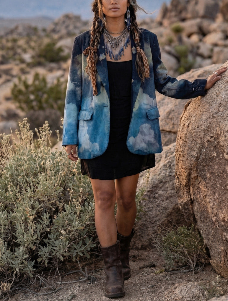 Small - Business with the Midnight Sky Blazer -Linen - Upcycled - Small - padded shoulder - Business Playful