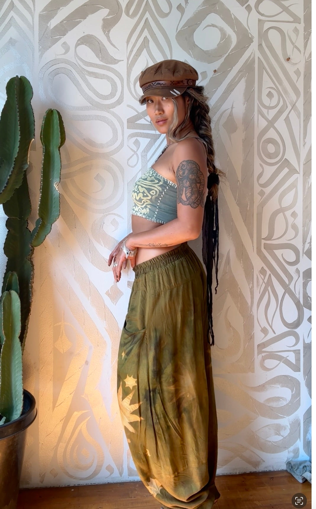 S/M - Olive Green Star Burst - Parachute Pants - Made from Lotus Agricultural Waste Vegan Silk-
