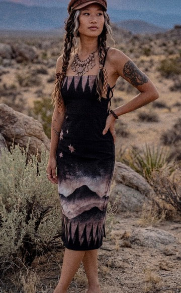 Fits M/L - Black Mysteries of the Mountains Dress-Made From 50% Linen 48%Rayon 2 % Spndx - Tie Back adjustable and Zipper - Stretchy -Uplcycled