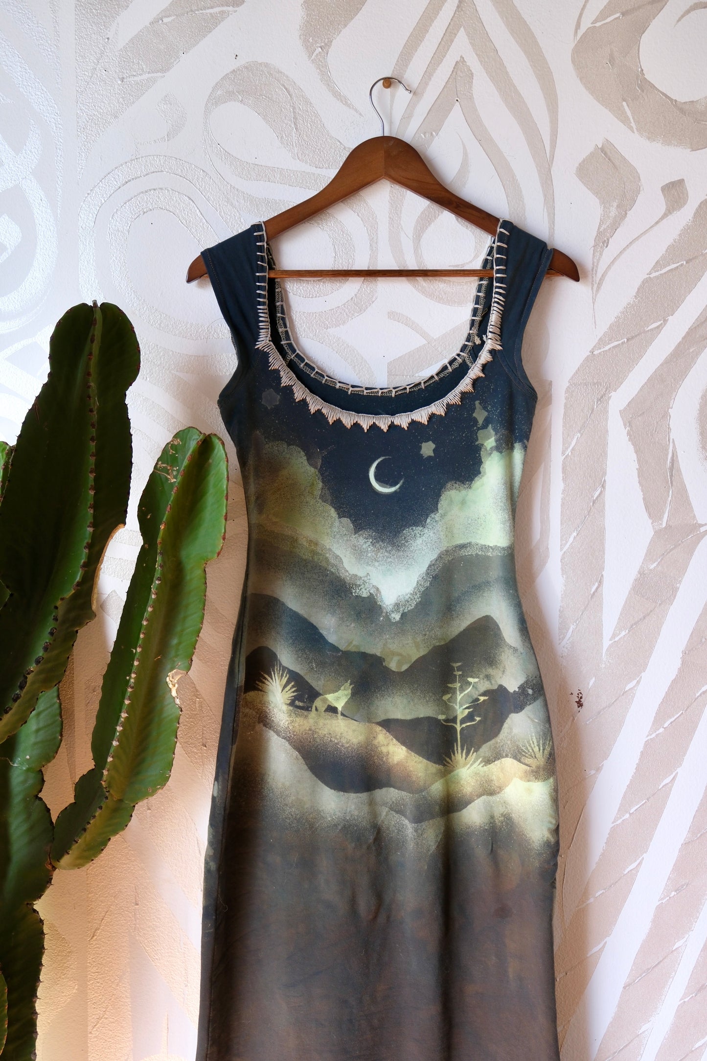 SMALL -Mountain Howl Basket Dress - OOAK - Hand Embroidered - Maxi Dress - 96% Organic Cotton 4% Spandex