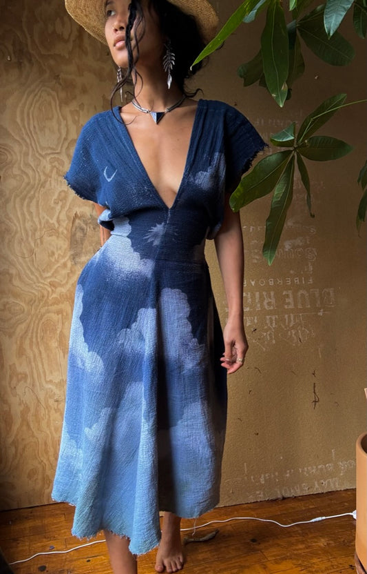 RTS Ready to ship - Midi length- The Midnight Cloudy Sky Henka Dress -One Size- S/M/L (regular size) Midnight Sky - Henka Clouds Dress - Made from 100% Unique Open woven Cotton Fabric - light and textured