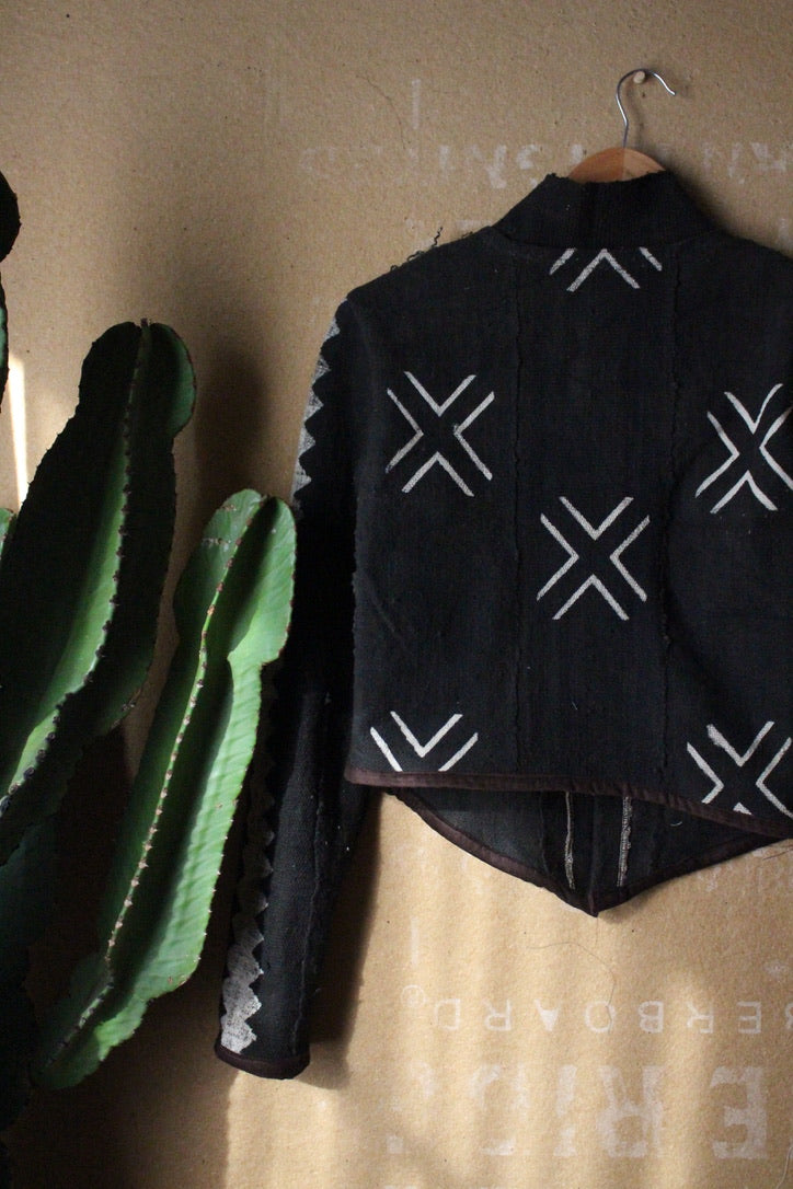 Small - Black - Mud CLoth Jacket -Plant Dyed Black - African Mudcloth-  OOAK - Inside Chest Pocket