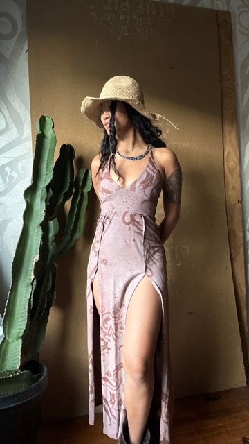 Small - Mauve Flow Print  -SHort Length ( recommended For 5.5ft and shorter)  Limited series -Darkoski X Zhinh Collaboration Empress Warrior Slit Dress- Screen Printed 66% bamboo, 26% cotton, 8% spandex- Recommended for 5.5ft and under - 2 in stock