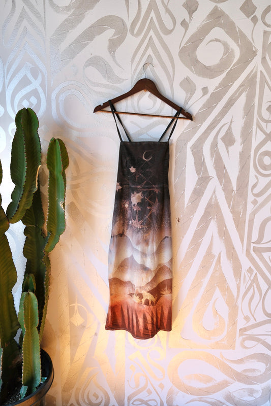 S/M -  Tesselation Sky - Dress - Tie Back & Zipper - 50% Linen  48% Rayon  2% Spndx - Adjustable Straps-Upcycled Regenerazhinh -OOAK - Recommended for Heights 5.8 ft and under