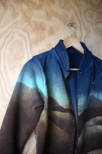 XS -Midnight Landscape - Crescent Moon - Cropped Cadet Jacket  - 100% Cotton french Terry Thick sturdy heavy weight - warm - Deadstock fabric - High collar-