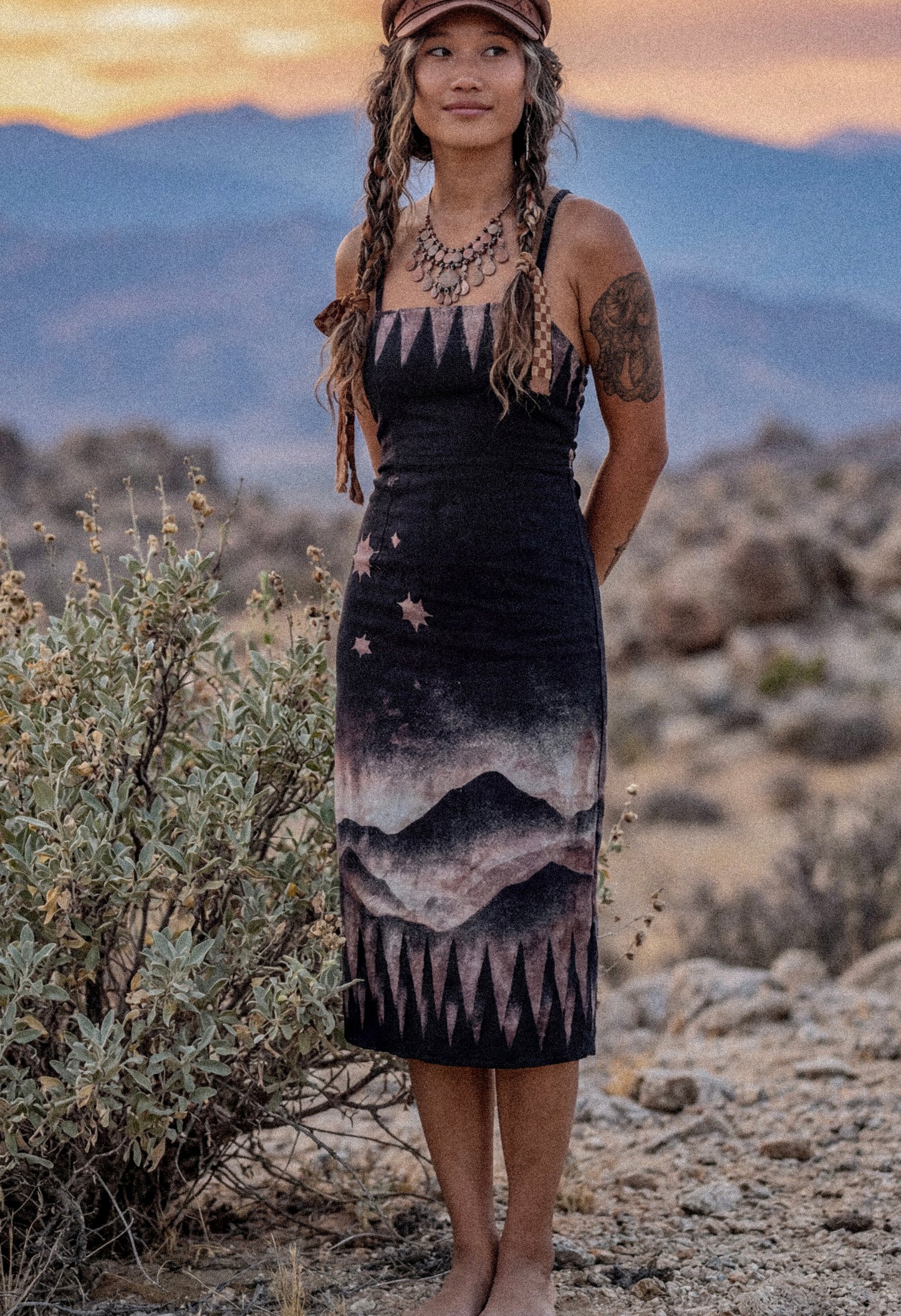 Fits M/L - Black Mysteries of the Mountains Dress-Made From 50% Linen 48%Rayon 2 % Spndx - Tie Back adjustable and Zipper - Stretchy -Uplcycled