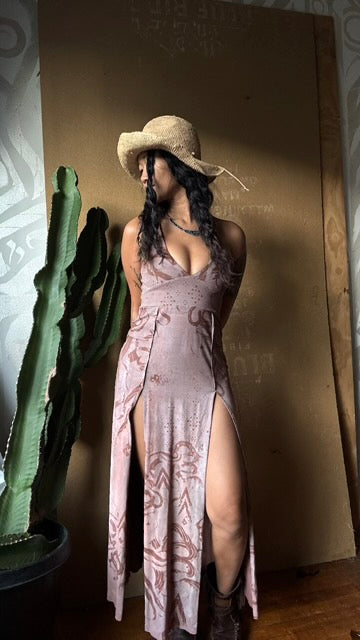 Small - Mauve Flow Print  -SHort Length ( recommended For 5.5ft and shorter)  Limited series -Darkoski X Zhinh Collaboration Empress Warrior Slit Dress- Screen Printed 66% bamboo, 26% cotton, 8% spandex- Recommended for 5.5ft and under - 2 in stock