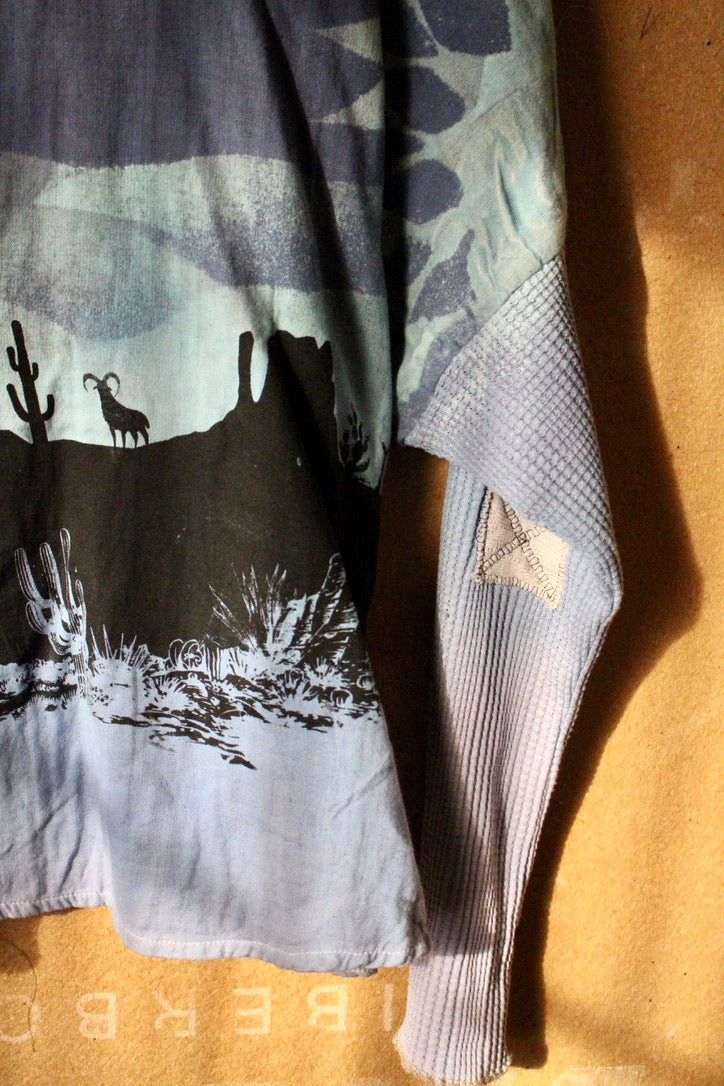 Small/Medium - Desert Blues -Slouchy Long sleeve Hoodie  - Oversized Hoodie - 100% Triiple Layered heavy weight oRganic cotton Gauze - Warm - Cotton open weave sleeves and hood (Copy)