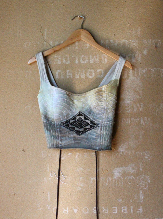 Small or Medium - Continuum full length Corset top - Vintage 70's hmong hill tribe vietnamese woven tapestry patches - adjustable