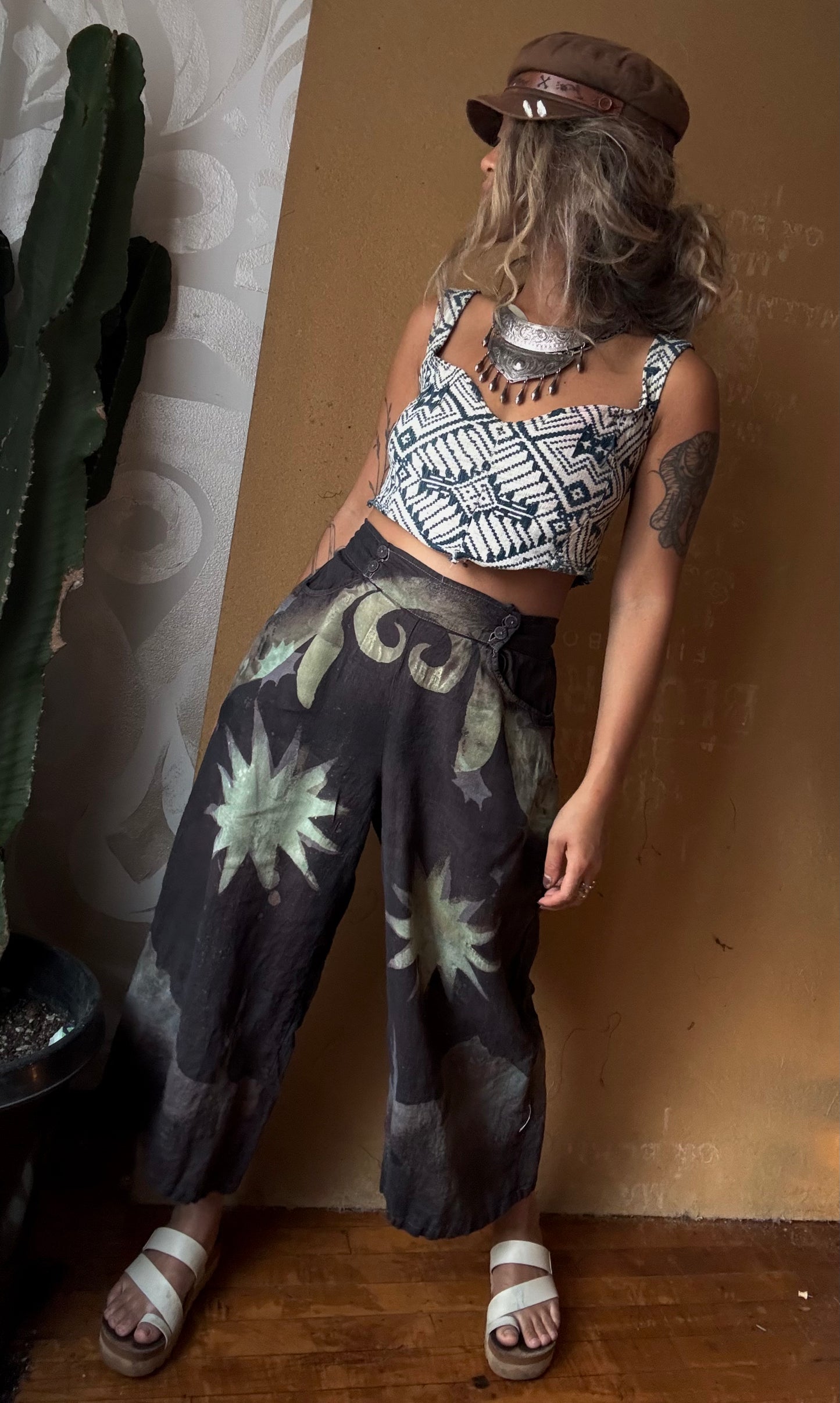 Small/Medium - Mysteries of transformation Pants - OOAK Wide Legged - Short - 100% LinenLinen Pants - upcycled/ Regenerazhinh