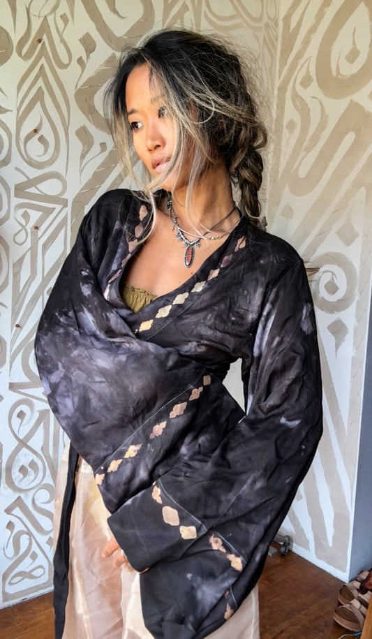 New! MTO- SMOKE Wrap Top- Lotus plant waste vegan Silk- Limited Series- Bell Sleeve Wrap