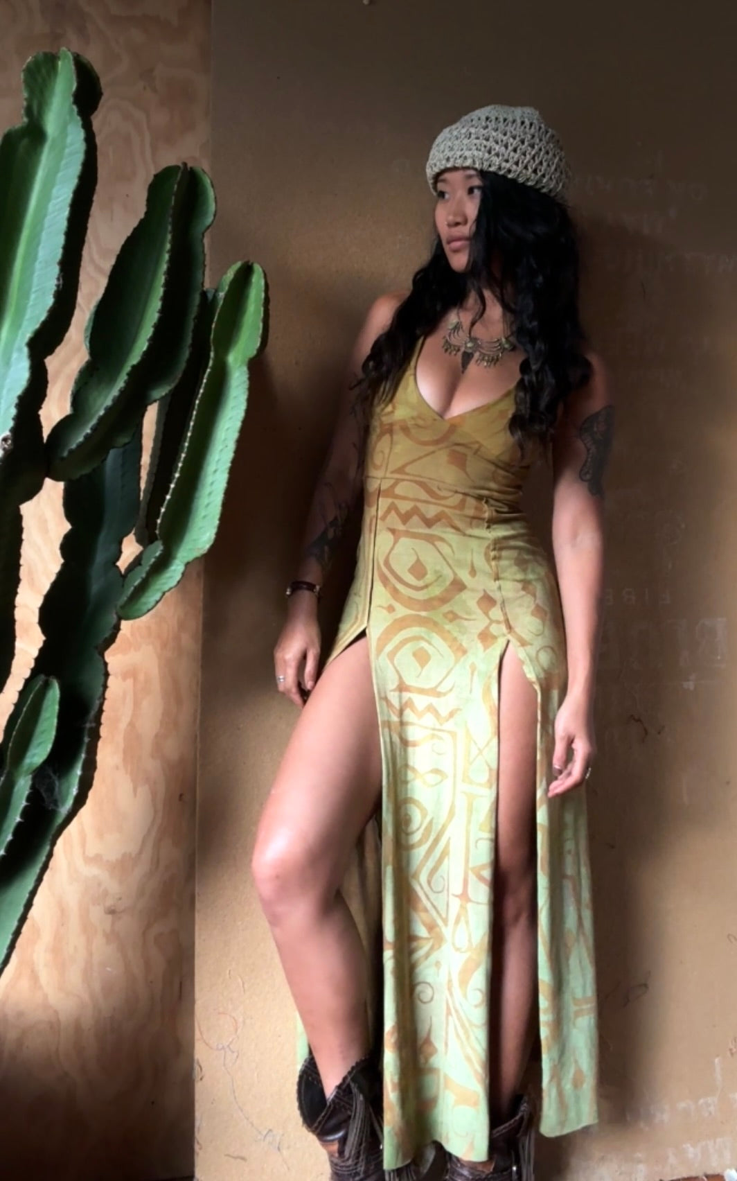 Small - Mustard Lime Glow - Limited series -Darkoski X Zhinh Collaboration Empress Warrior Slit Dress- Screen Printed 66% bamboo, 26% cotton, 8% spandex- Recommended for 5.5ft and under