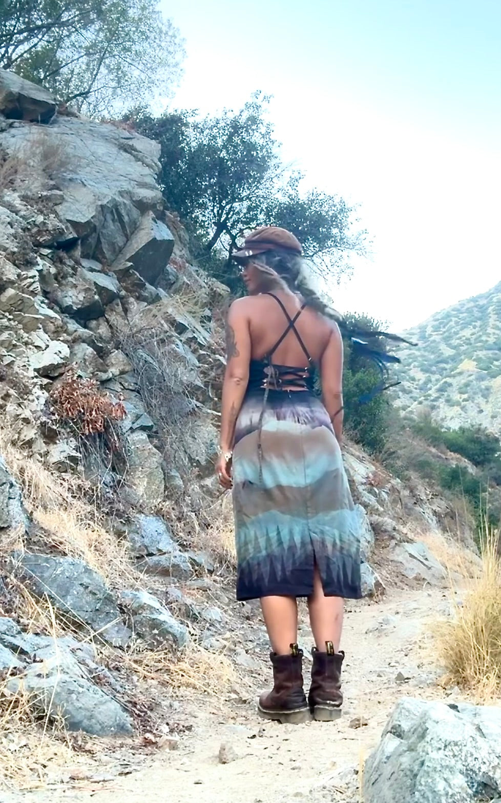 M/L - Midnight Glowing Mountains- Dress - Tie Back & Zipper - 50% Linen  48% Rayon  2% Spndx - Adjustable Straps-Upcycled Regenerazhinh -OOAK - Recommended for Heights 5.6ft and under