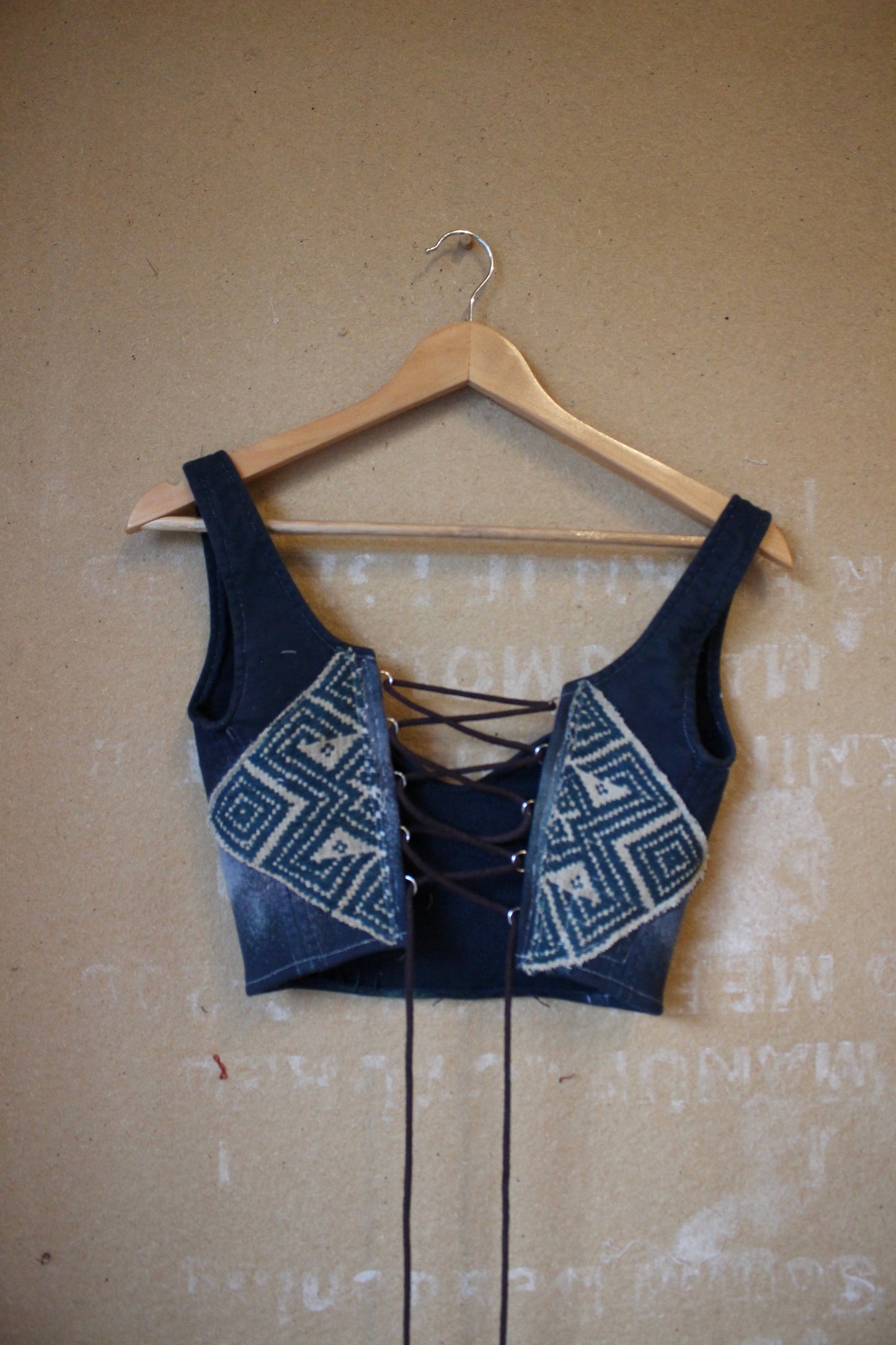 Small Cropped Midnight Corset Bustier Top- 100% Organic Thick heavy weight french terry cotton - with vintage 70's Hmong Hilltribe Vietnamese woven tapestry