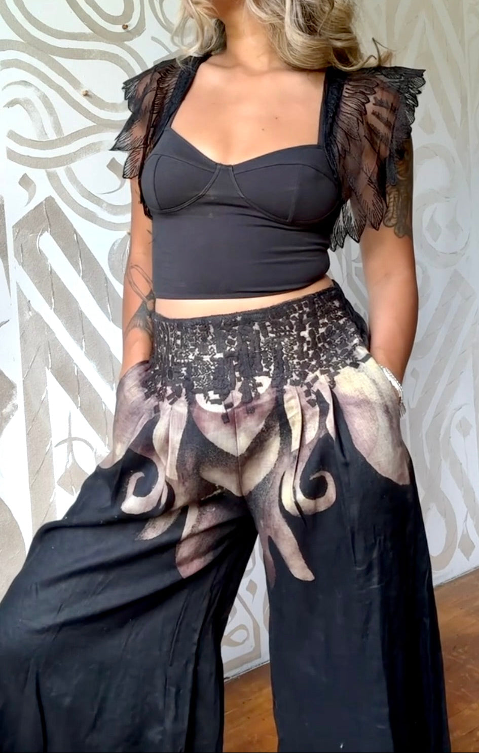 Size 4 - (Fits small -Medium ) The Black Dragon Pants- Wide legged Skirt Like Pants - -Pleated - Pockets -40 Cotton 60 Linen - OOAK - Embroidered Detailed waist - Stretch back waist band
