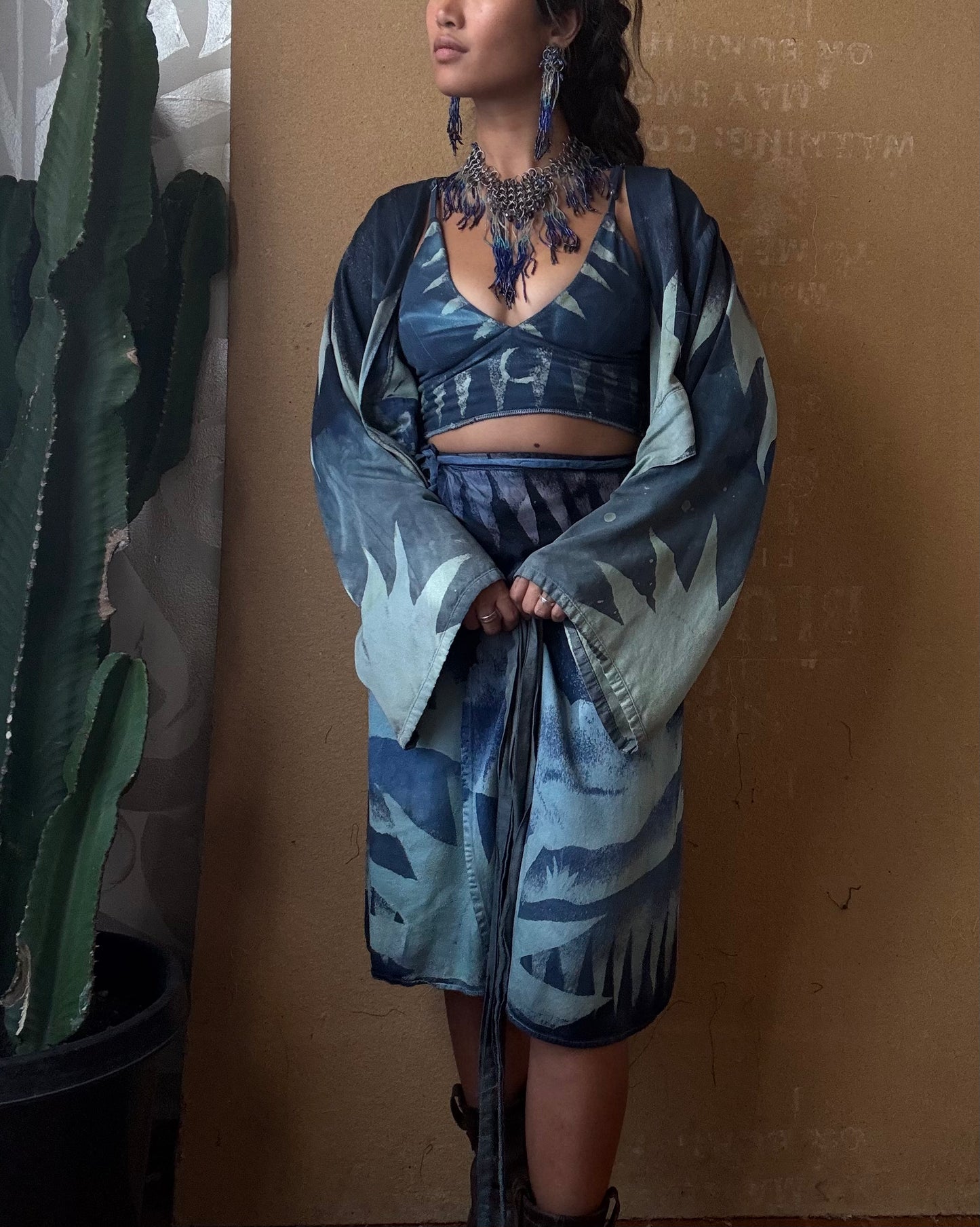 2 RTS- S/M Blue Celestial Burst Temple Swirl -  Kimono Wrap Top-- Made From Lotus Agricultural waste "Silk" (Copy)
