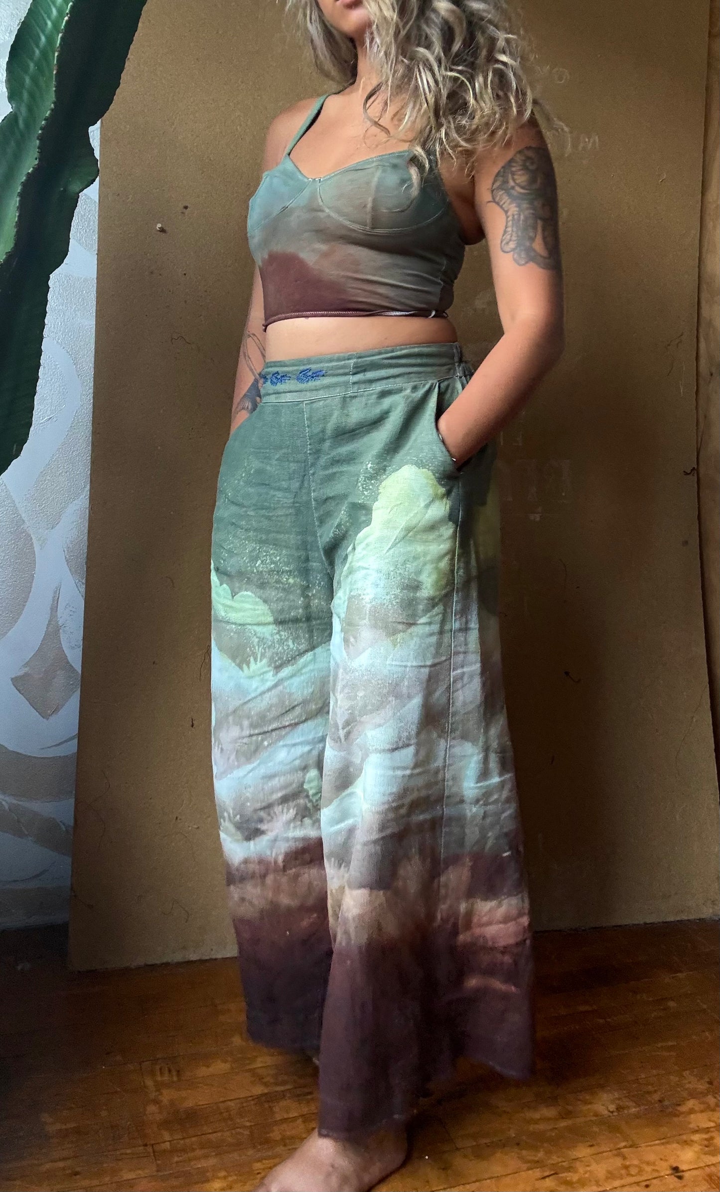 S/M -Size 4- Desert Soothe Landscape Wide Legged Pants - Embroidery waist detail - Linen Pants - Upcycled - OOAK