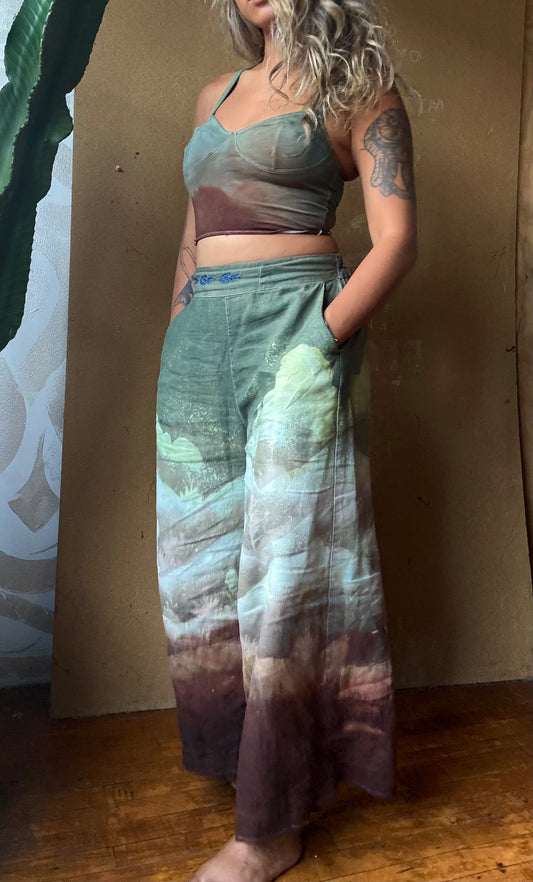 S/M -Size 4- Desert Soothe Landscape Wide Legged Pants - Embroidery waist detail - Linen Pants - Upcycled - OOAK