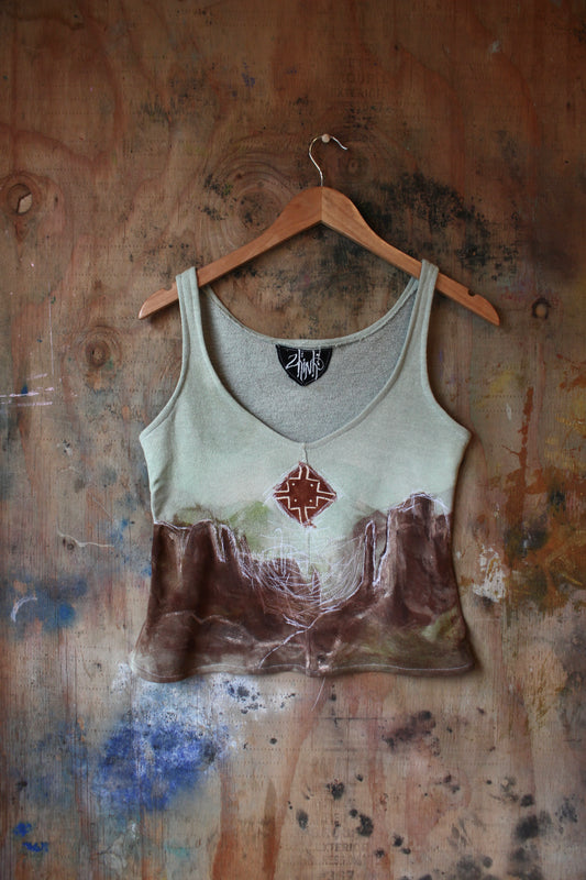 Medium Canyon- Free stitched and Hand Painted w/ Screen print fabric paint- Tank Top - Dead stock French Terry Cotton
