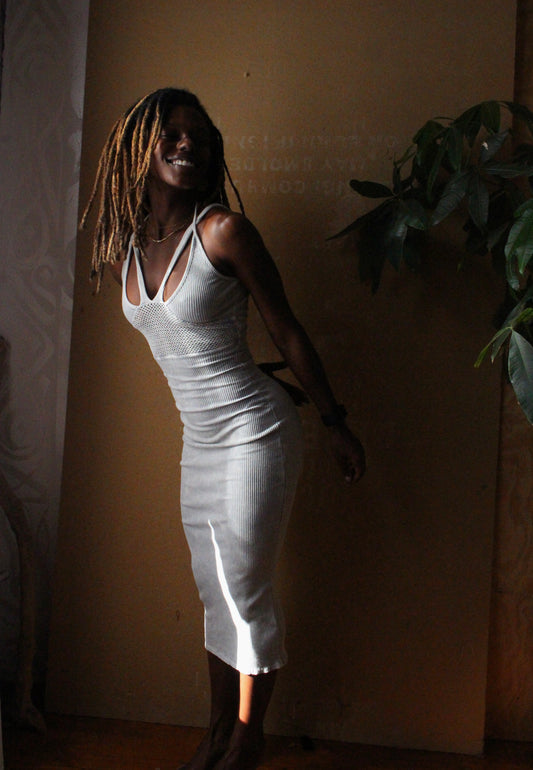 New! The Axis Dress -Reversible Body con -Ready to Ship -Made from 100% Cotton Rib/& Cotton Netting - Mineral Iceberg Blue/Grey Color- Reversible- - Made in USA/LA