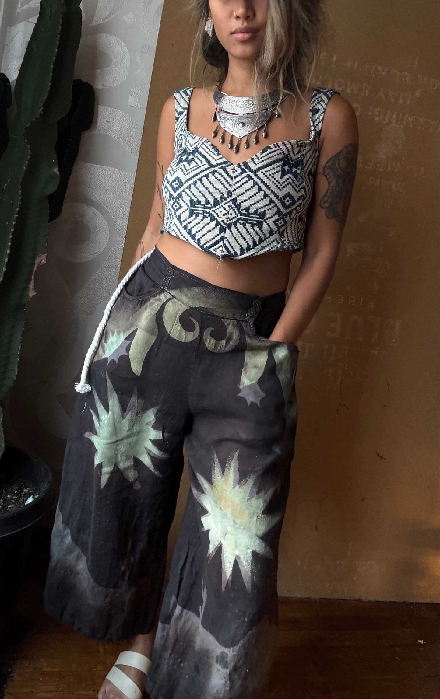 Small/Medium - Mysteries of transformation Pants - OOAK Wide Legged - Short - 100% LinenLinen Pants - upcycled/ Regenerazhinh