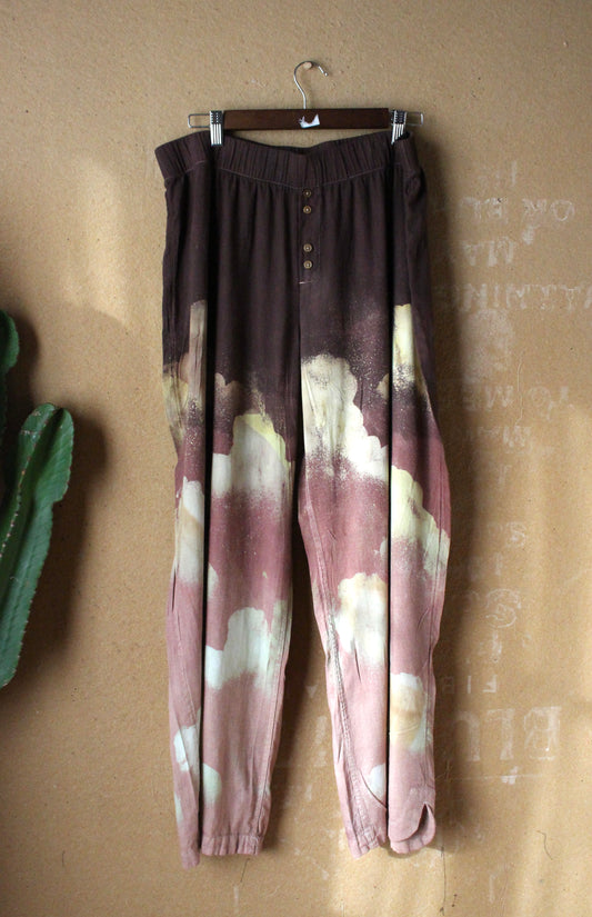 XL -55 linen 45 rayon Mauve Cloudy Skies - Temple Swirl - Regenerazhinh Upcycled Pants