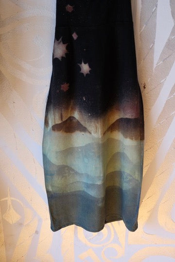Small - Midnight Glowing Misty Mountains- Dress - Tie Back & Zipper - 50% Linen  48% Rayon  2% Spndx - Adjustable Straps-Upcycled Regenerazhinh -OOAK