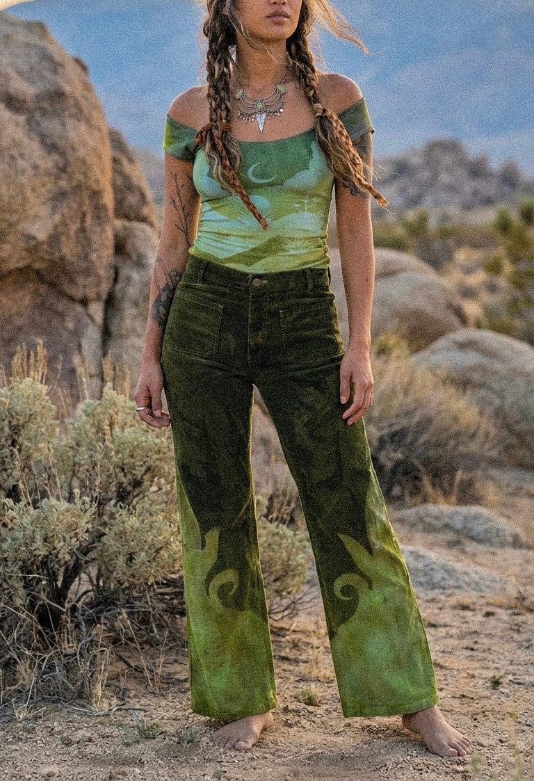 Small - Emerald Temple Swirl Pants - 100% Cotton Corduroy Pants - Hand dyed - Upcycled - Regenerazhinh