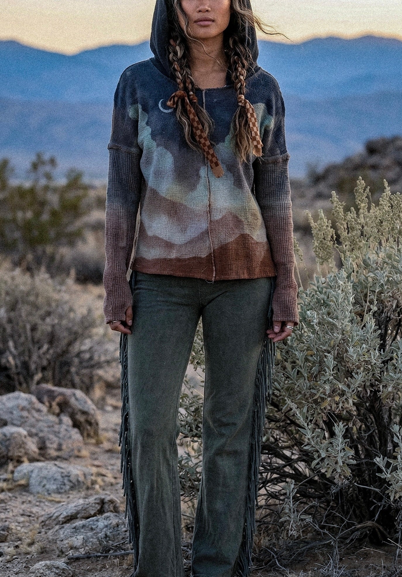 Small - Hooded Shirt - Long Sleeve - 100% Deadstock Cotton Gauzy Fabric and Thermal Cotton - Hand dyed