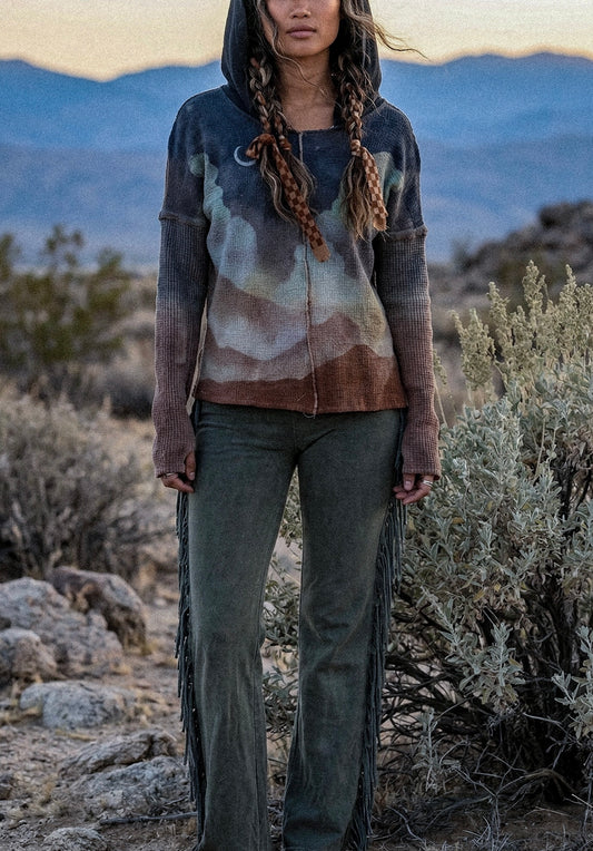 Small - Hooded Shirt - Long Sleeve - 100% Deadstock Cotton Gauzy Fabric and Thermal Cotton - Hand dyed