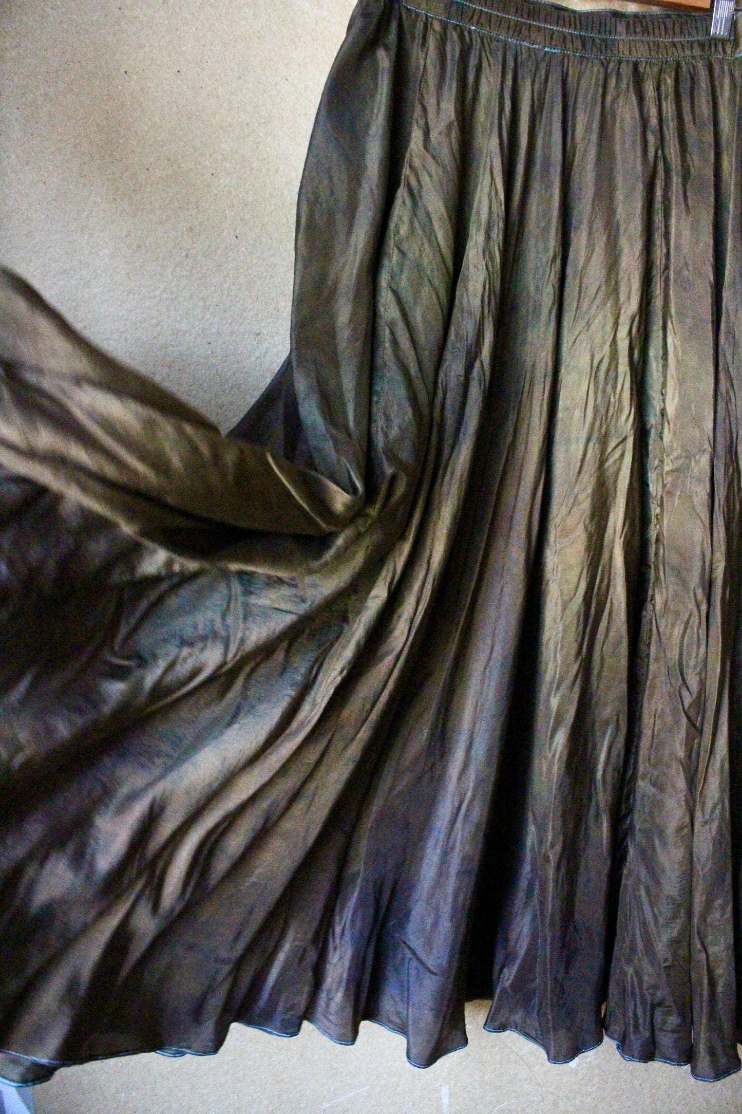 Small - Bronze Beetle Maxi/midi Skirt - Made from 8 meters of 100% Peace Ahisma Silk - Hand dyed- Olive green/bronze/brown -OOAK