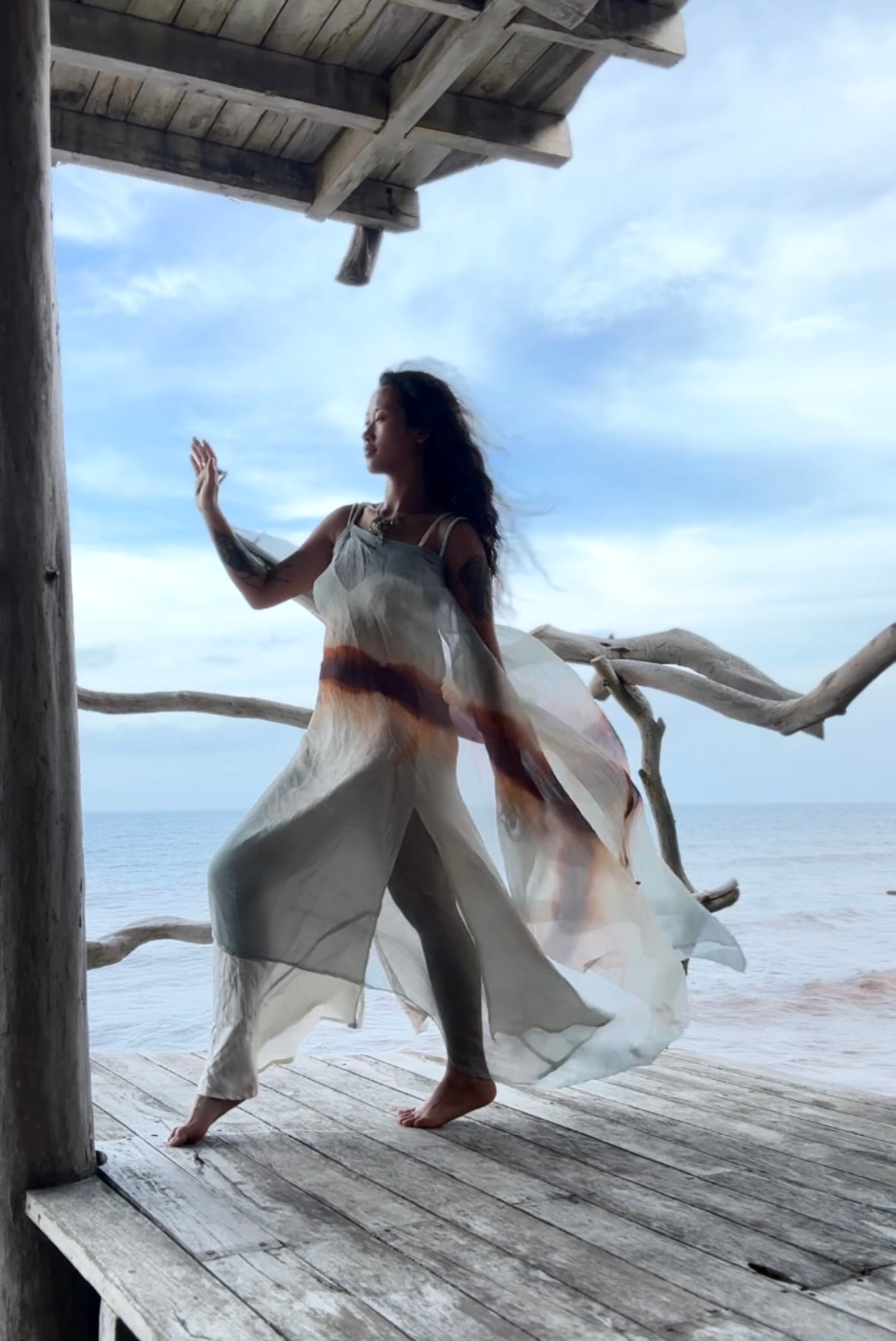 Free Size- Sunset Horizon on the Lake- EXPANSE 100% dead stock Silk Chiffon Cover up Dress- Adjustable  straps