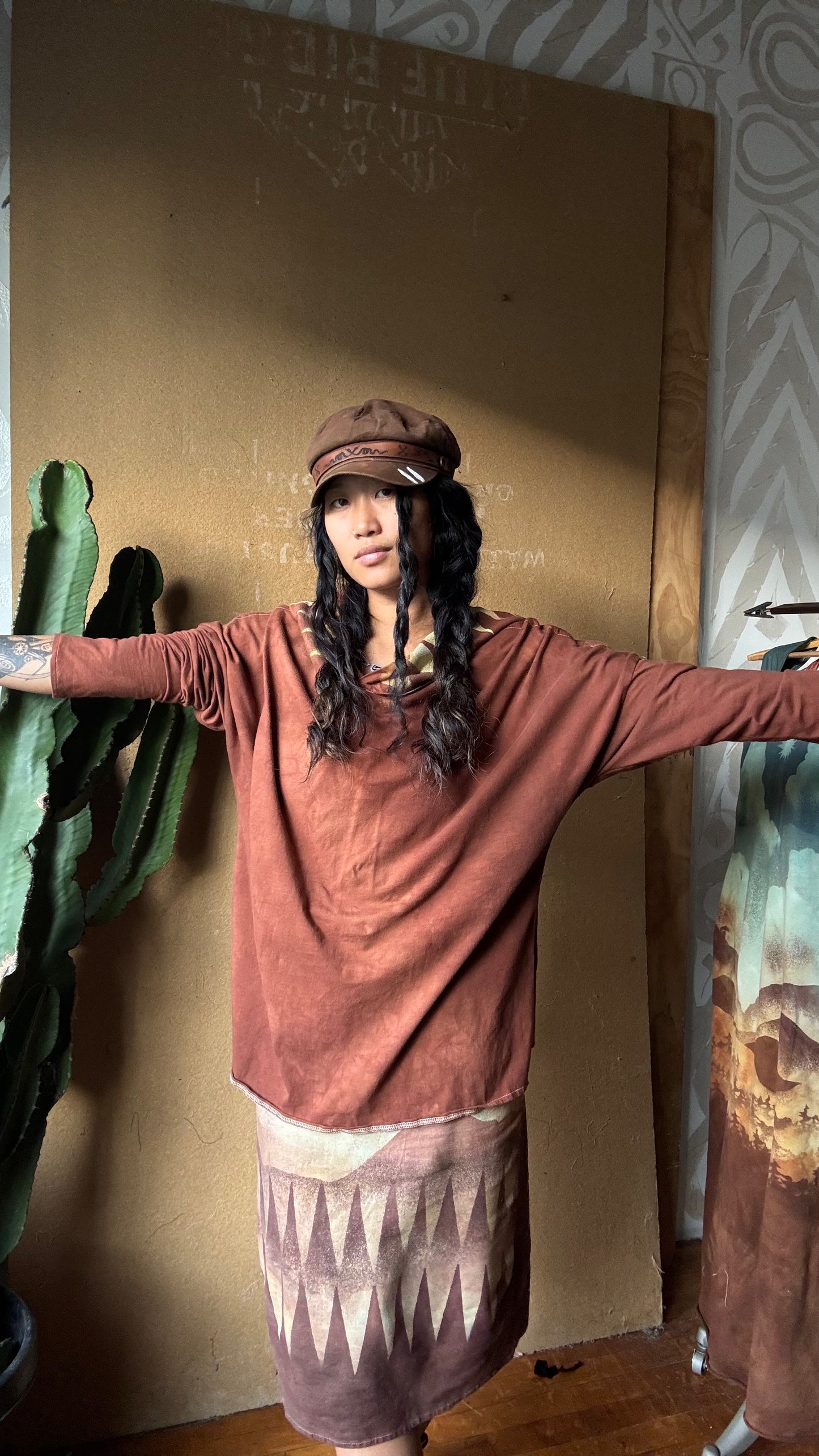 Medium -Terracotta Clay plain solid with Mountain print hood - Slouchy Long sleeve Hoodie  - Oversized Hoodie - 100% Triple layered Cotton heavy weight cotton Gauze - Cotton thermal stretch sleeves